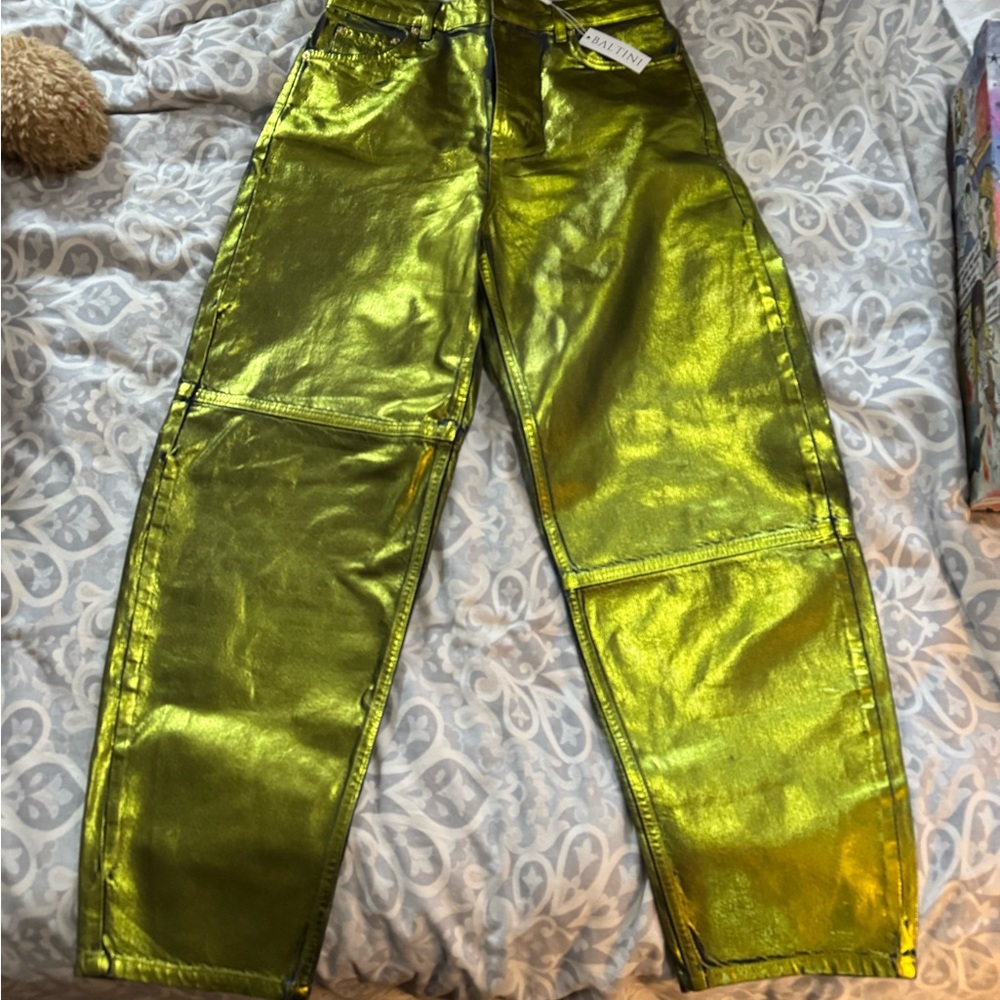 Ganni 27 Shiny Metallic Green Stary Jeans